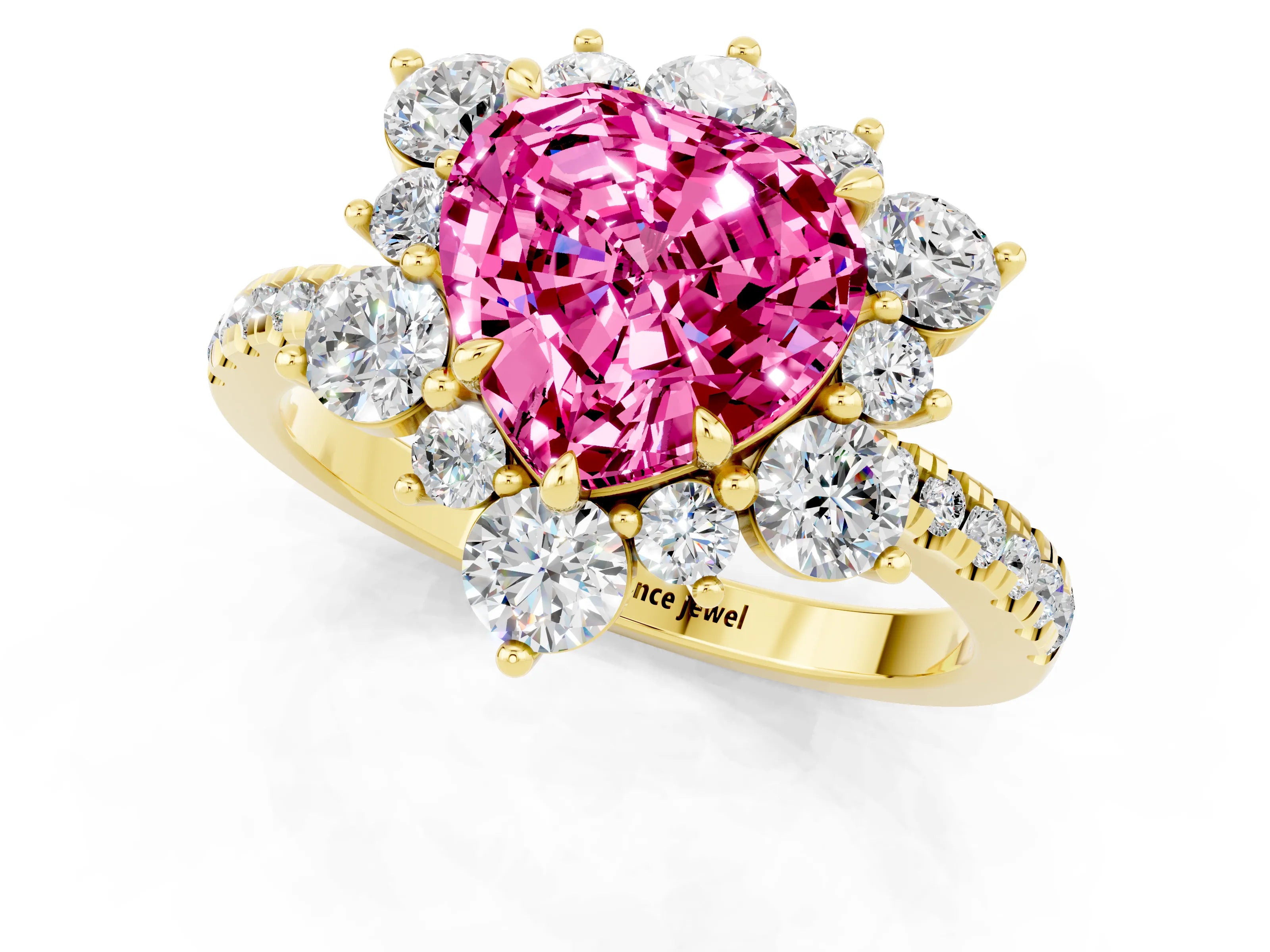 Yellow gold Heart Cut Cut Diamond Floral Halo Pave Band with Prong Setting_1