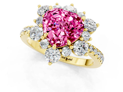 Yellow gold Heart Cut Cut Diamond Floral Halo Pave Band with Prong Setting_1