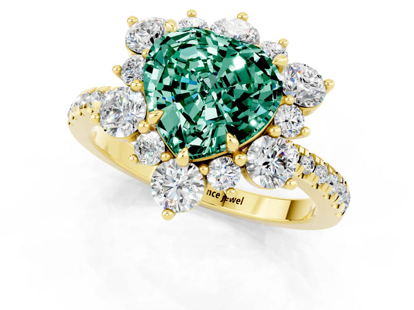 Yellow gold Heart Cut Green Sapphire Floral Halo Ring with Round Pavé Band and Prong Setting