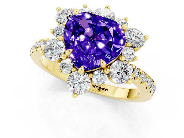 Yellow gold Heart Cut Tanzanite Floral Halo Ring with Round Pavé Band and Prong Setting