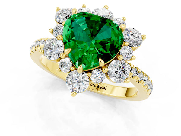 Yellow gold Heart Cut Emerald Floral Halo Ring with Round Pavé Band and Prong Setting
