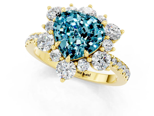 Yellow gold Heart Cut Cut Diamond Floral Halo Pave Band with Prong Setting