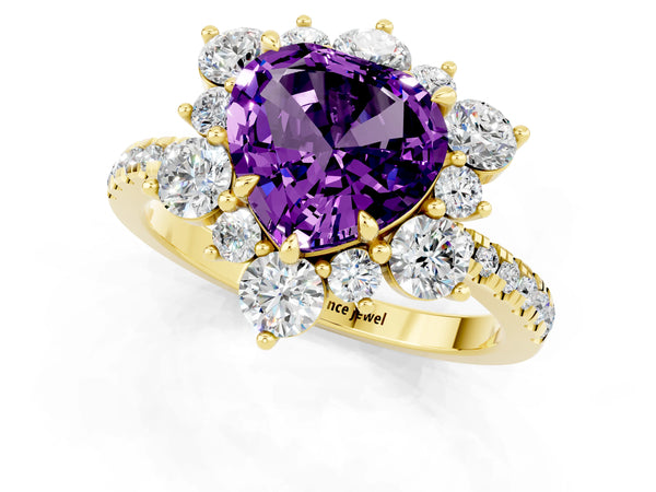 Yellow gold Heart Cut Amethyst Floral Halo Ring with Round Pavé Band and Prong Setting
