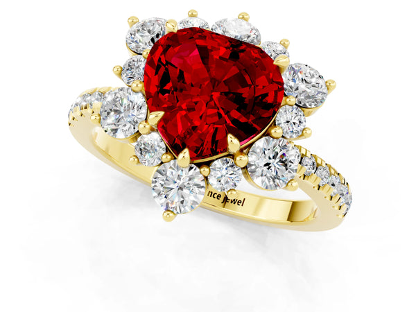 Yellow gold Heart Cut Ruby Floral Halo Ring with Round Pavé Band and Prong Setting