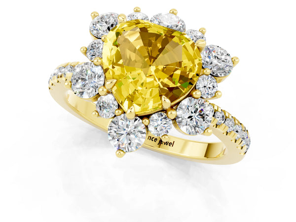 Yellow gold Heart Cut Yellow Sapphire Floral Halo Ring with Round Pavé Band and Prong Setting