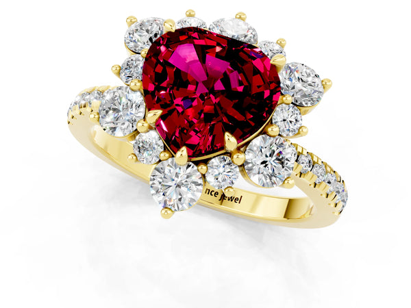Yellow gold Heart Cut Garnet Floral Halo Ring with Round Pavé Band and Prong Setting