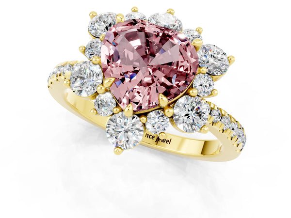 Yellow gold Heart Cut Cut Diamond Floral Halo Pave Band with Prong Setting