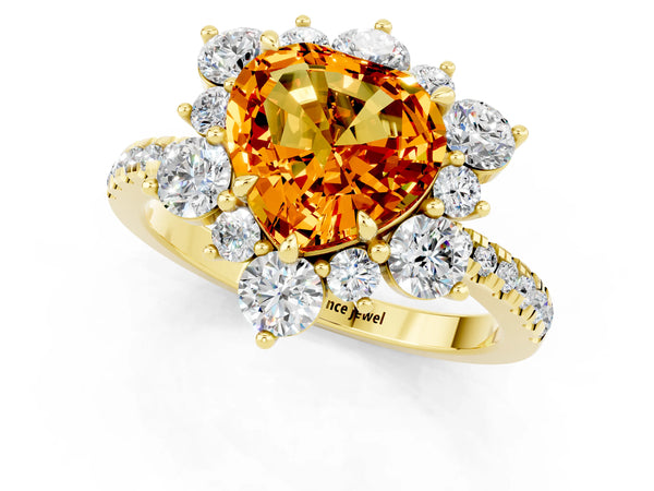 Yellow gold Heart Cut Citrine Floral Halo Ring with Round Pavé Band and Prong Setting