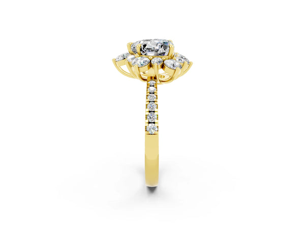 Yellow gold Heart Cut Moissanite Floral Halo Ring with Round Pavé Band and Prong Setting