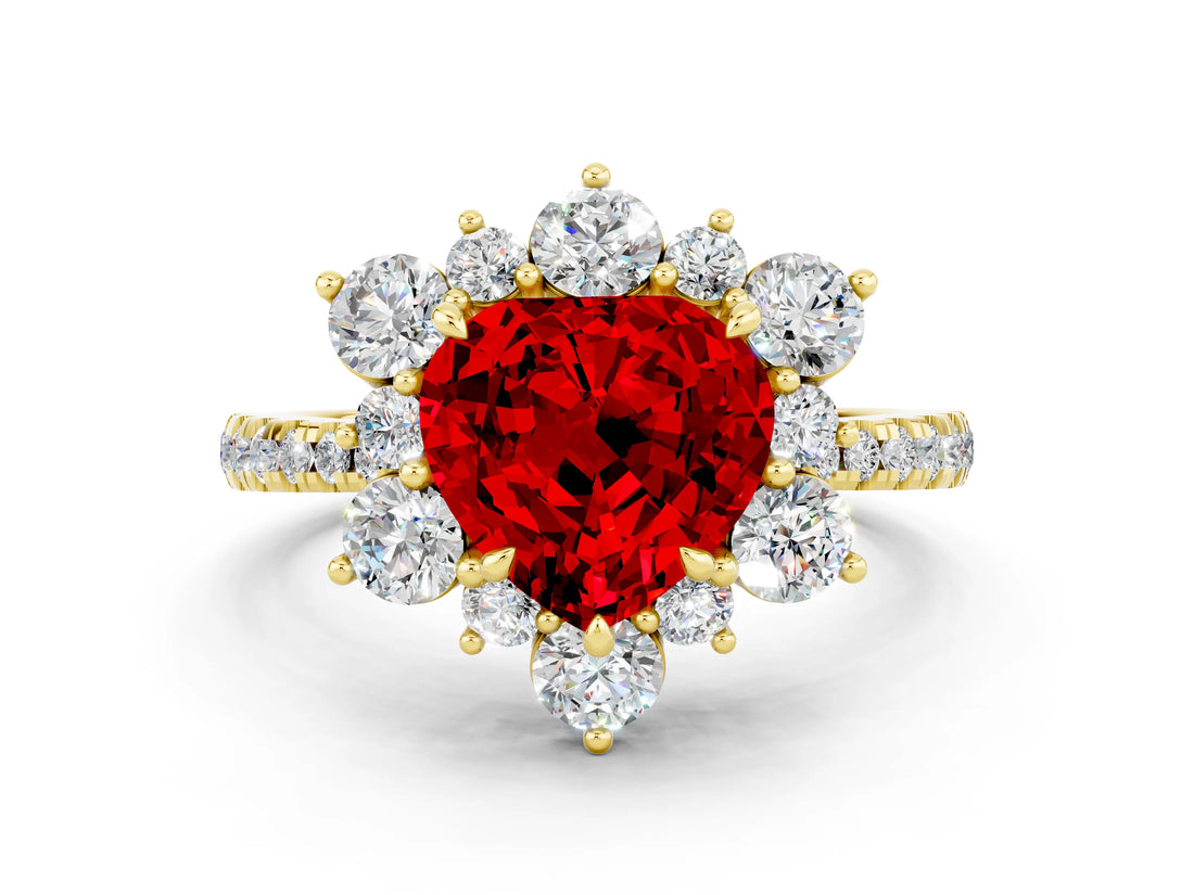 Yellow gold Heart Cut Cut Diamond Floral Halo Pave Band with Prong Setting