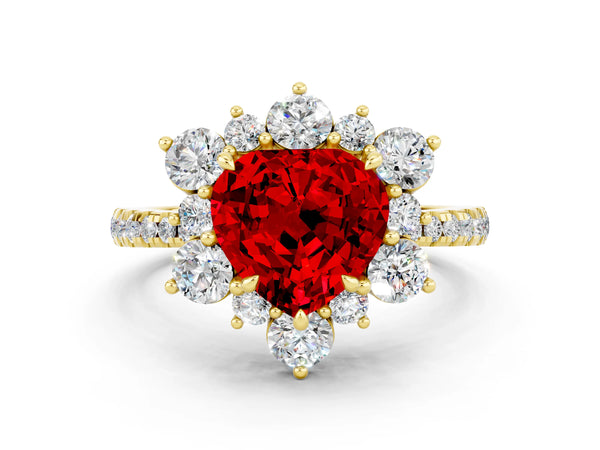 Yellow gold Heart Cut Ruby Floral Halo Ring with Round Pavé Band and Prong Setting