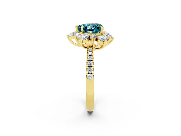 Yellow gold Heart Cut Cut Diamond Floral Halo Pave Band with Prong Setting