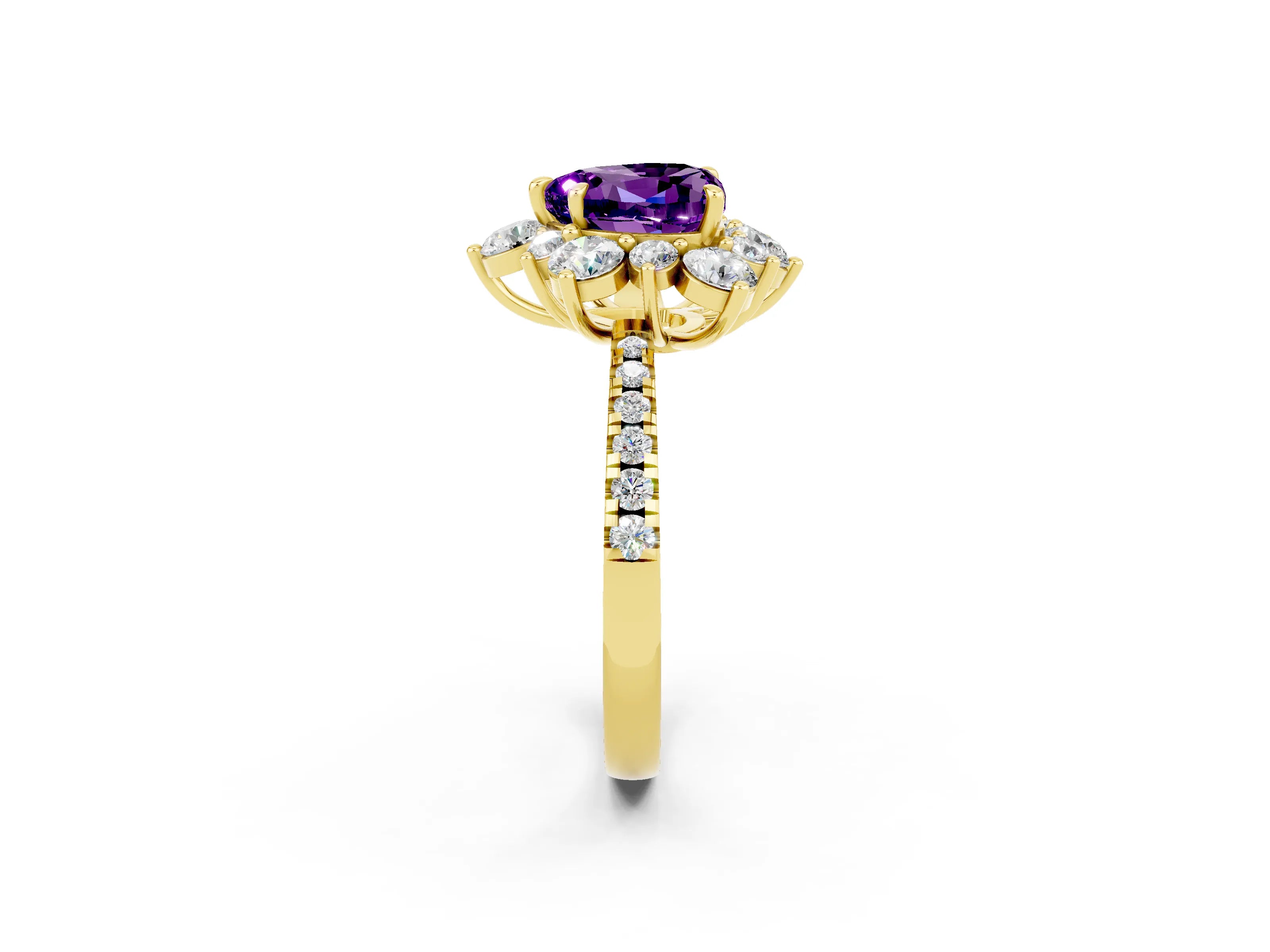 Yellow gold Heart Cut Cut Diamond Floral Halo Pave Band with Prong Setting_2