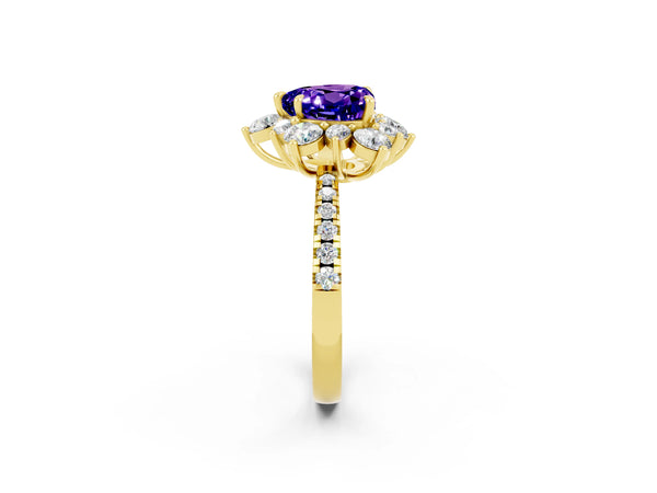 Yellow gold Heart Cut Tanzanite Floral Halo Ring with Round Pavé Band and Prong Setting