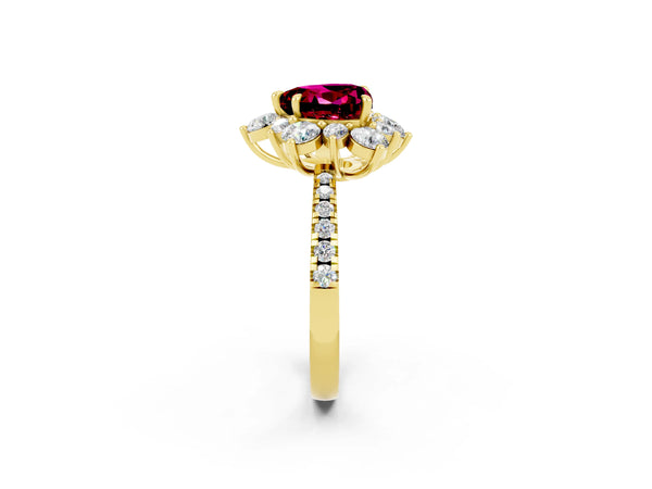 Yellow gold Heart Cut Garnet Floral Halo Ring with Round Pavé Band and Prong Setting