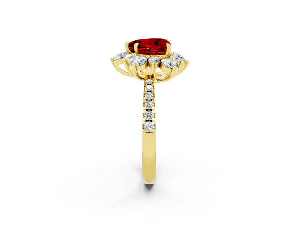 Yellow gold Heart Cut Ruby Floral Halo Ring with Round Pavé Band and Prong Setting