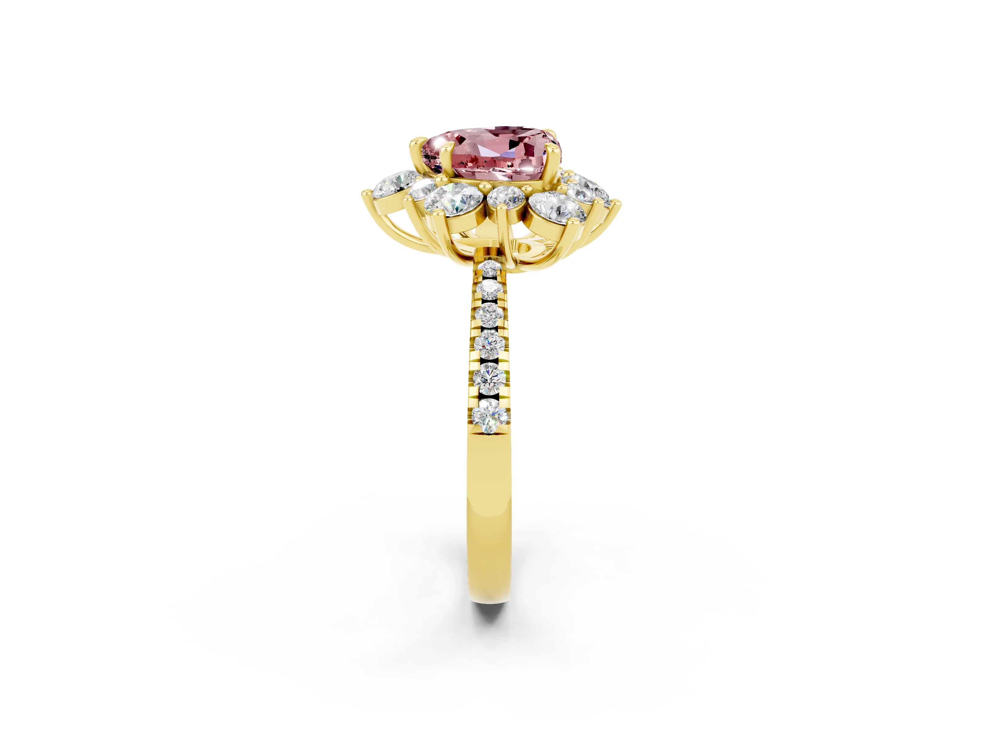 Yellow gold Heart Cut Cut Diamond Floral Halo Pave Band with Prong Setting_2