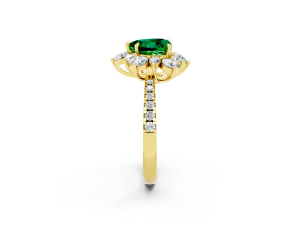 Yellow gold Heart Cut Emerald Floral Halo Ring with Round Pavé Band and Prong Setting