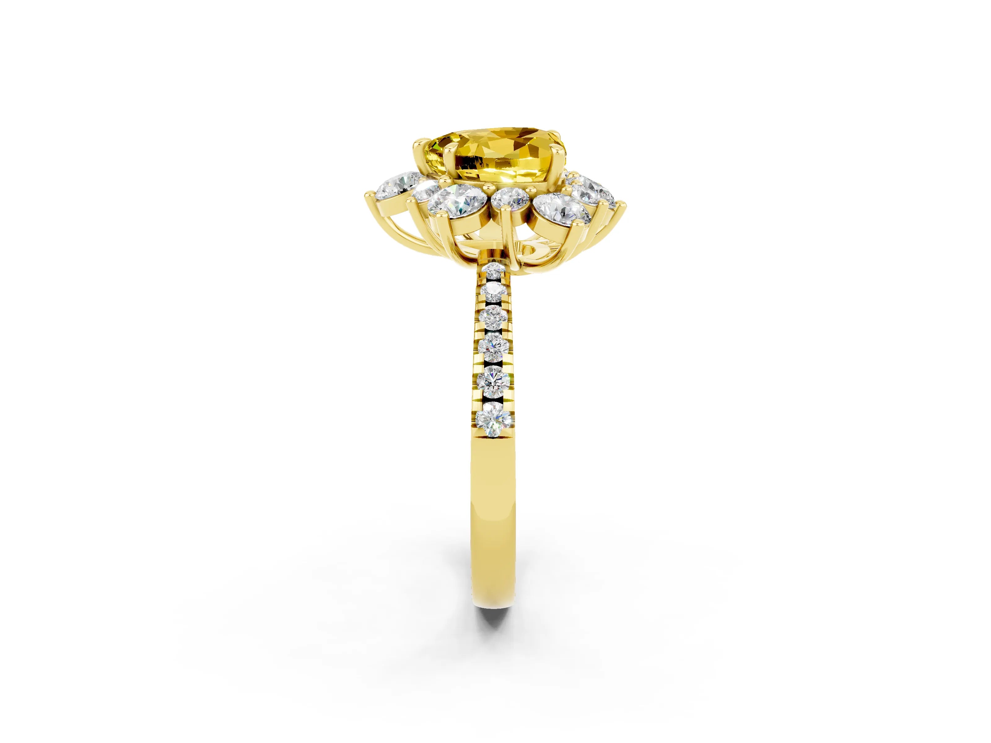 Yellow gold Heart Cut Cut Diamond Floral Halo Pave Band with Prong Setting_2