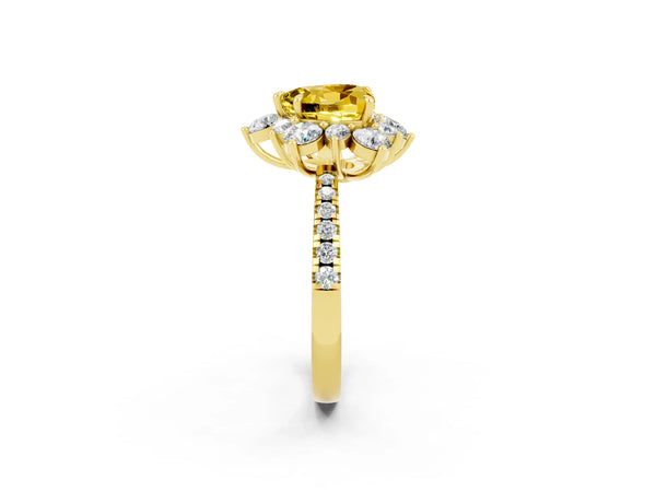 Yellow gold Heart Cut Yellow Sapphire Floral Halo Ring with Round Pavé Band and Prong Setting
