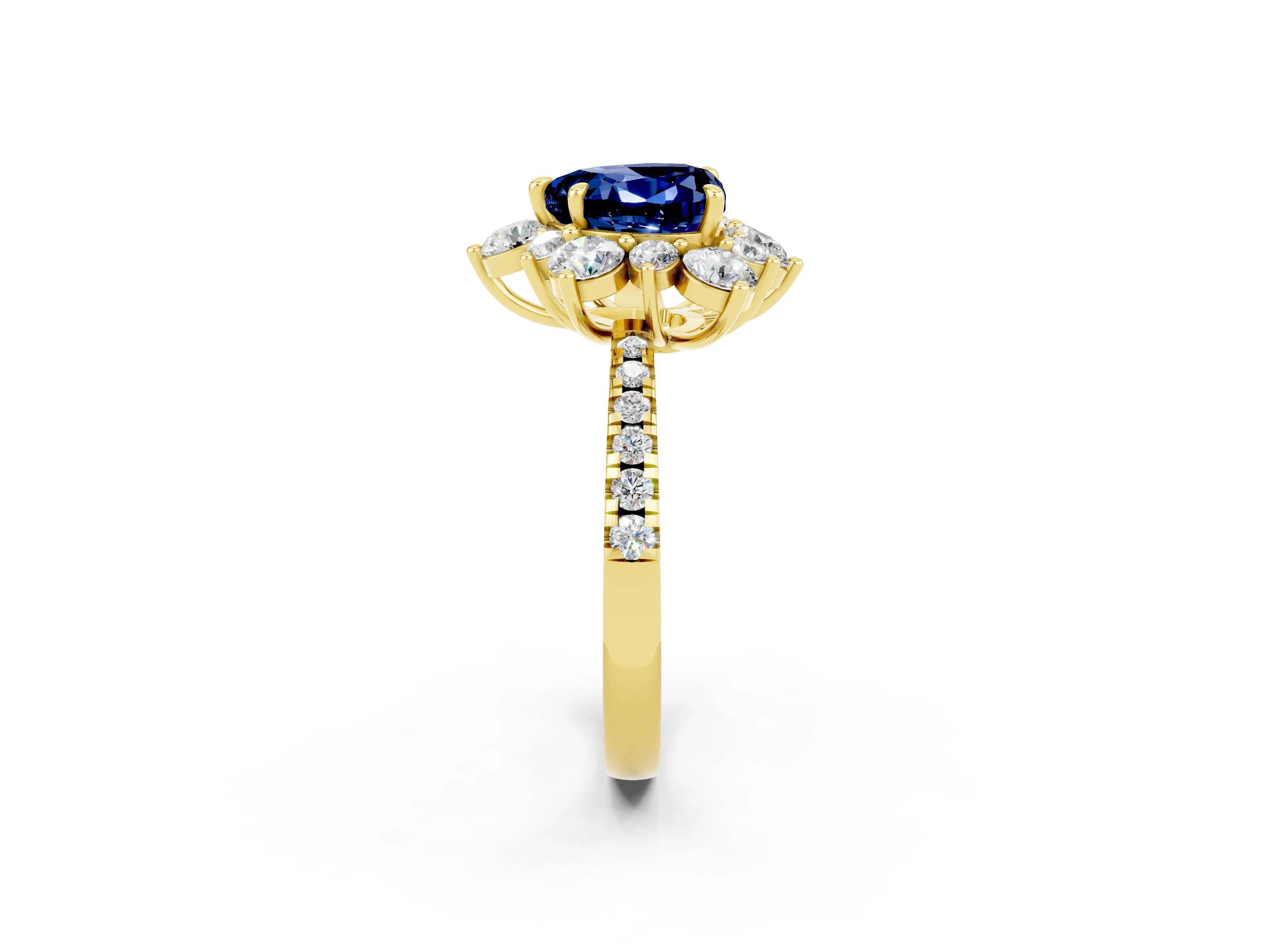 Yellow gold Heart Cut Cut Diamond Floral Halo Pave Band with Prong Setting_2