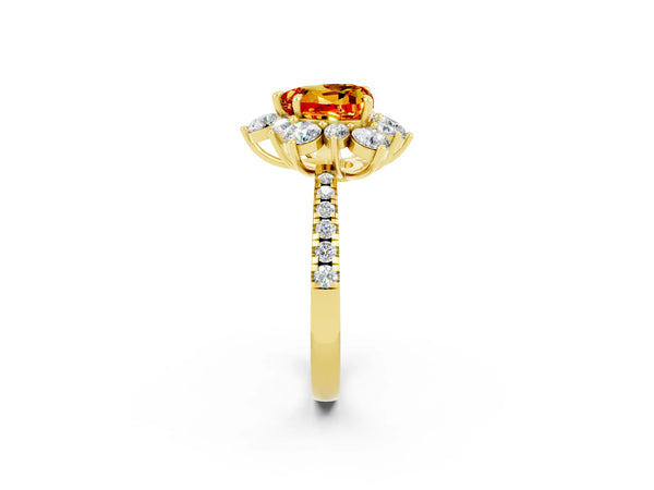 Yellow gold Heart Cut Citrine Floral Halo Ring with Round Pavé Band and Prong Setting