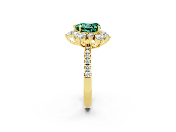 Yellow gold Heart Cut Green Sapphire Floral Halo Ring with Round Pavé Band and Prong Setting