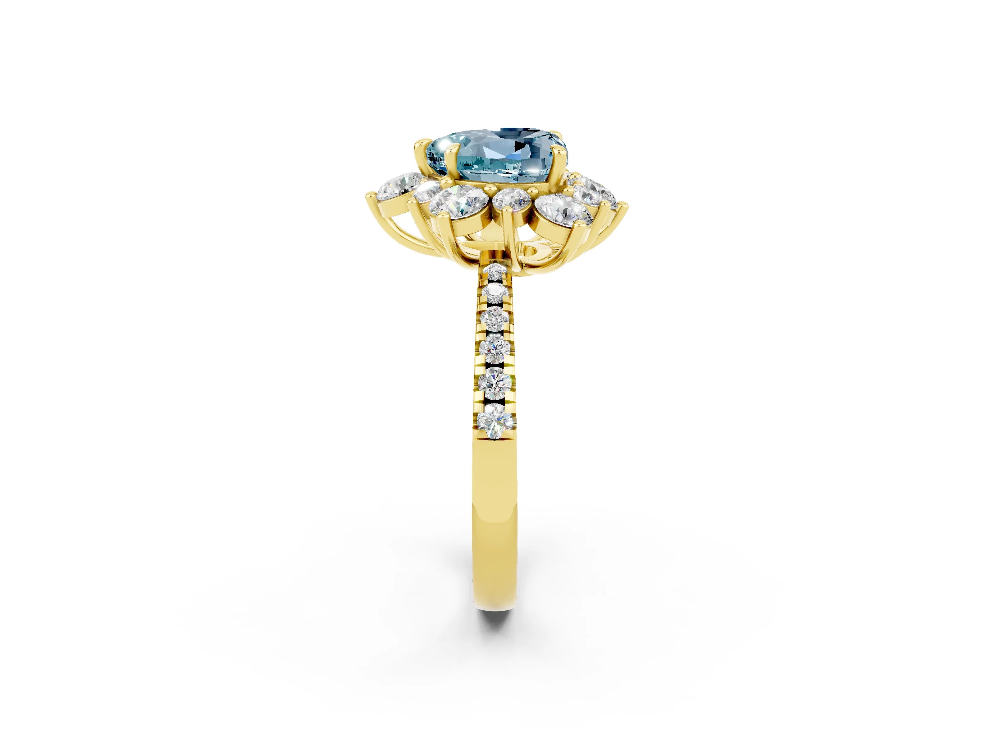 Yellow gold Heart Cut Cut Diamond Floral Halo Pave Band with Prong Setting_2