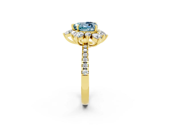 Yellow Gold Heart-Shaped Aquamarine Star Floral Halo Engagement Ring with Pave Band