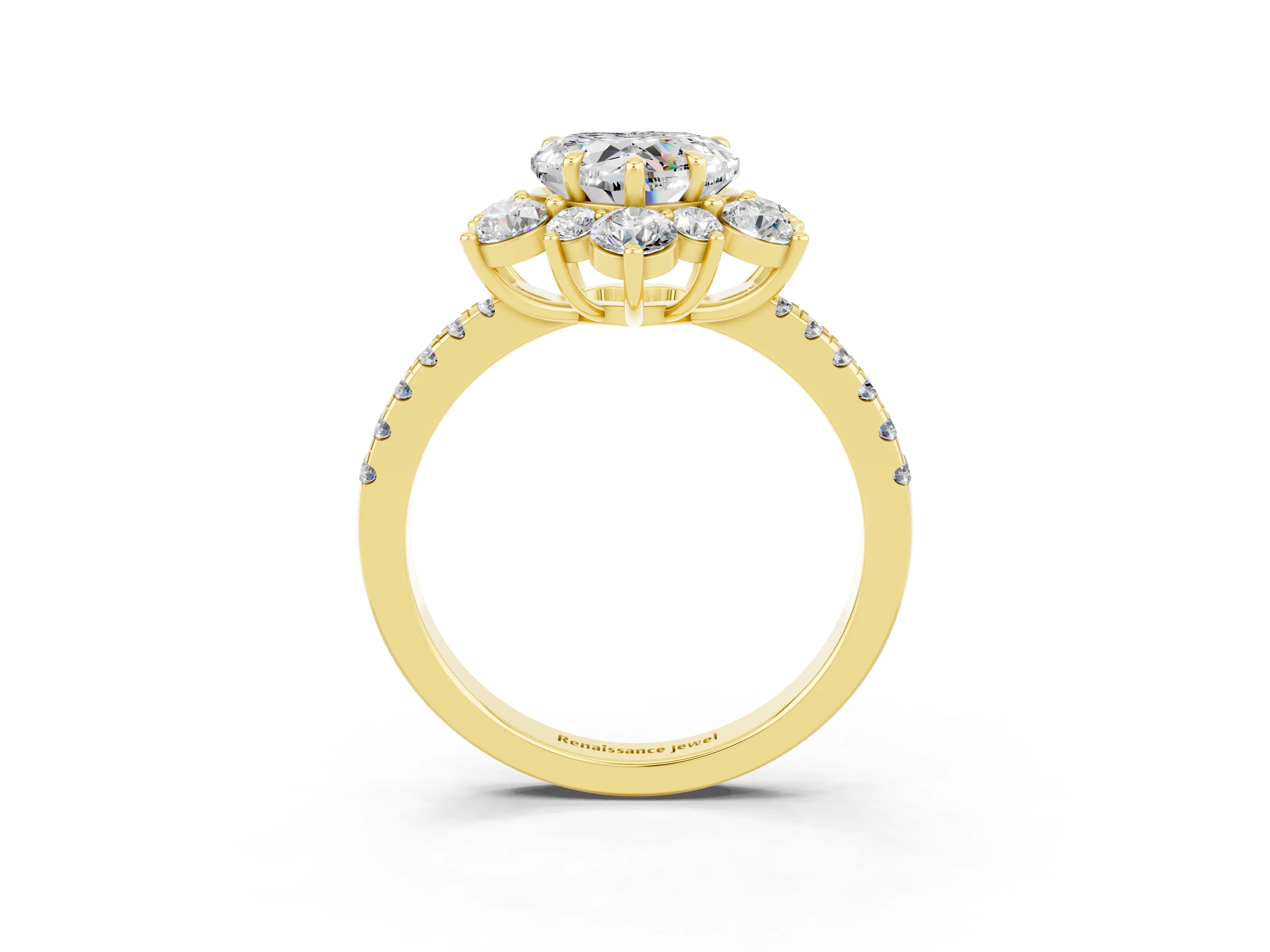Yellow gold Heart Cut Cut Diamond Floral Halo Pave Band with Prong Setting_3