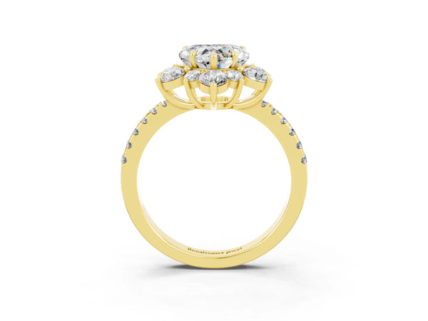 Yellow gold Heart Cut Moissanite Floral Halo Ring with Round Pavé Band and Prong Setting