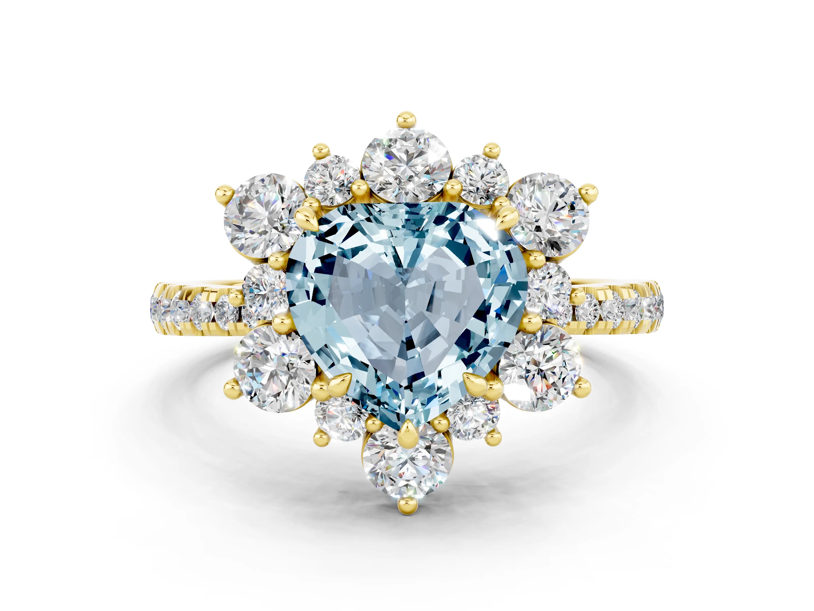 Yellow gold Heart Cut Cut Diamond Floral Halo Pave Band with Prong Setting
