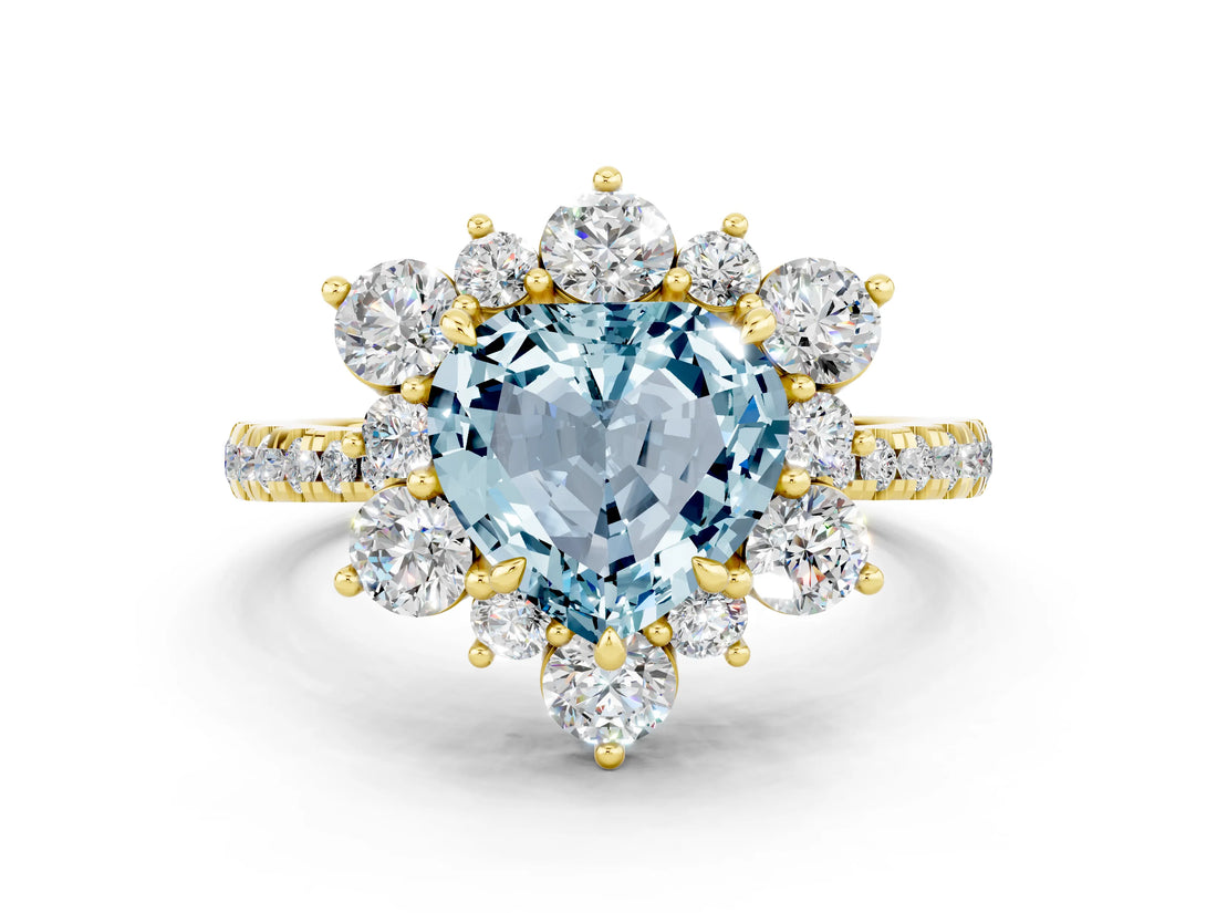Yellow gold Heart Cut Cut Diamond Floral Halo Pave Band with Prong Setting