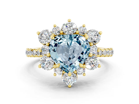 Yellow gold Heart Cut Cut Diamond Floral Halo Pave Band with Prong Setting