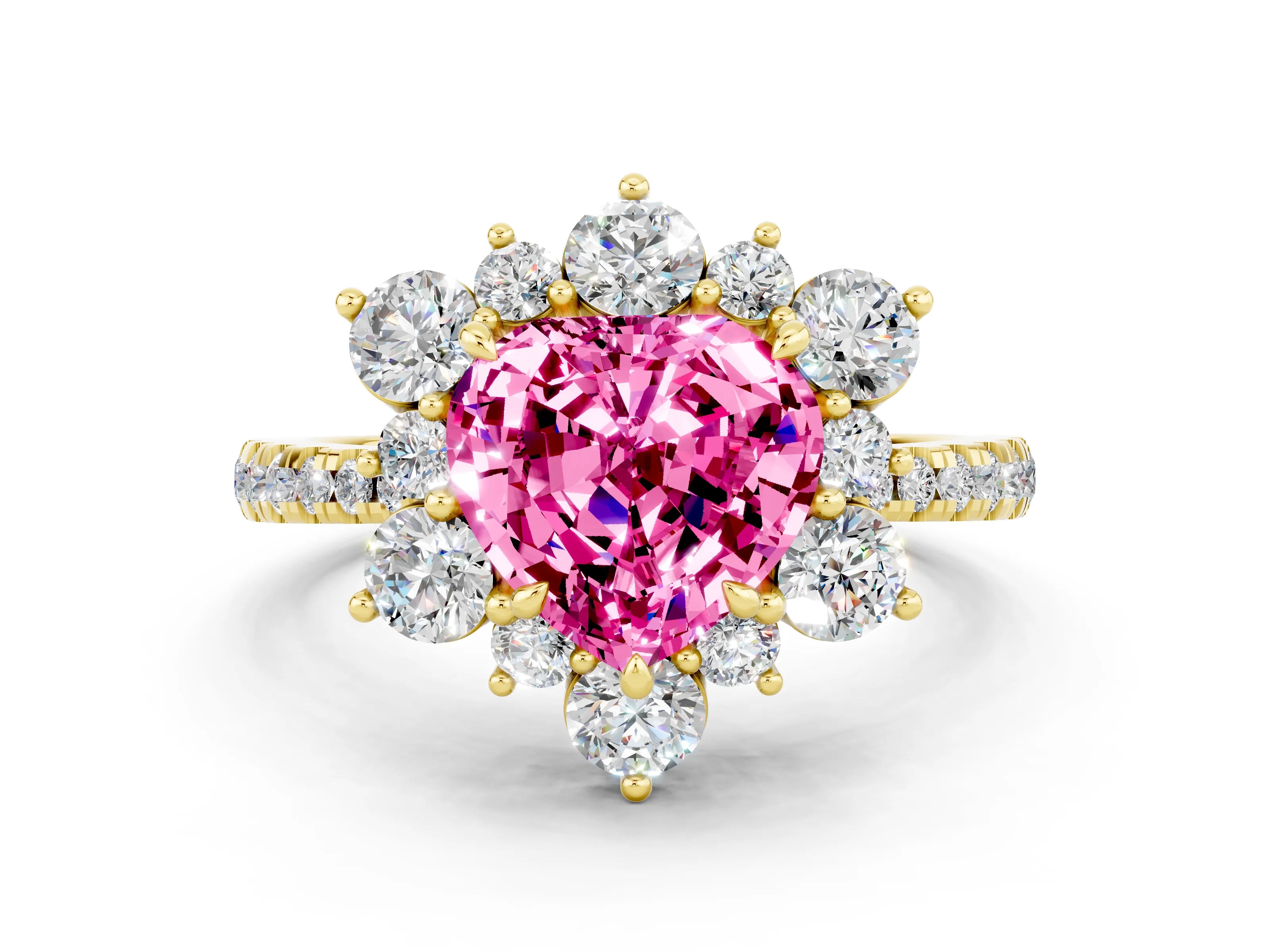 Yellow gold Heart Cut Cut Diamond Floral Halo Pave Band with Prong Setting