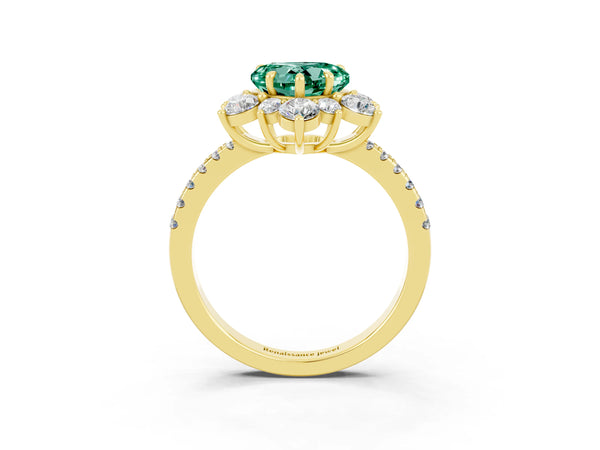 Yellow gold Heart Cut Green Sapphire Floral Halo Ring with Round Pavé Band and Prong Setting