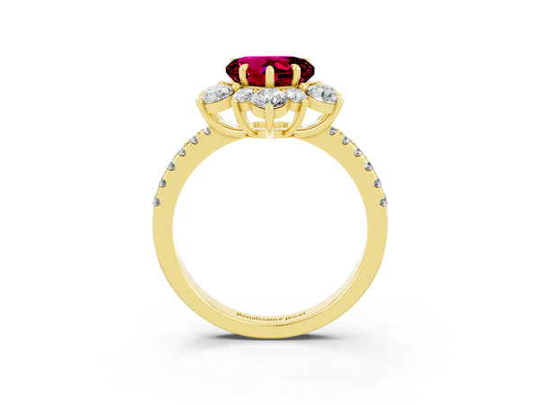Yellow gold Heart Cut Garnet Floral Halo Ring with Round Pavé Band and Prong Setting