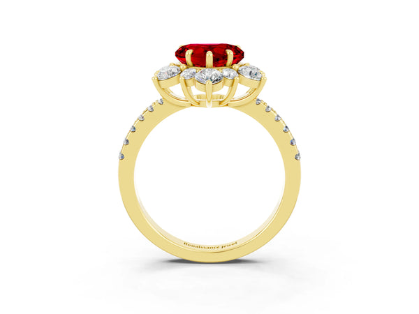 Yellow gold Heart Cut Ruby Floral Halo Ring with Round Pavé Band and Prong Setting