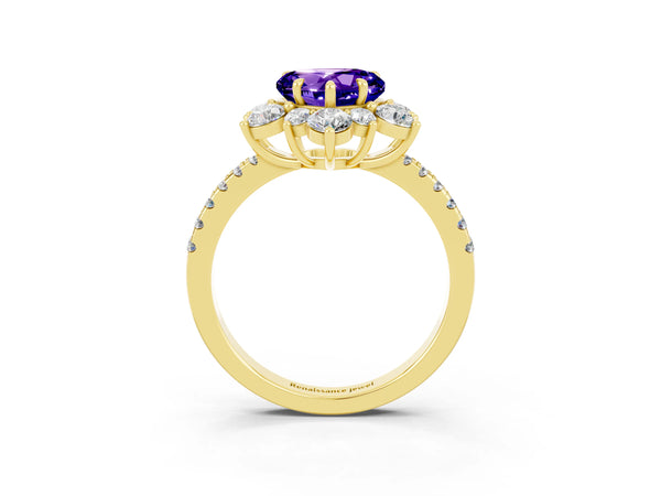 Yellow gold Heart Cut Tanzanite Floral Halo Ring with Round Pavé Band and Prong Setting