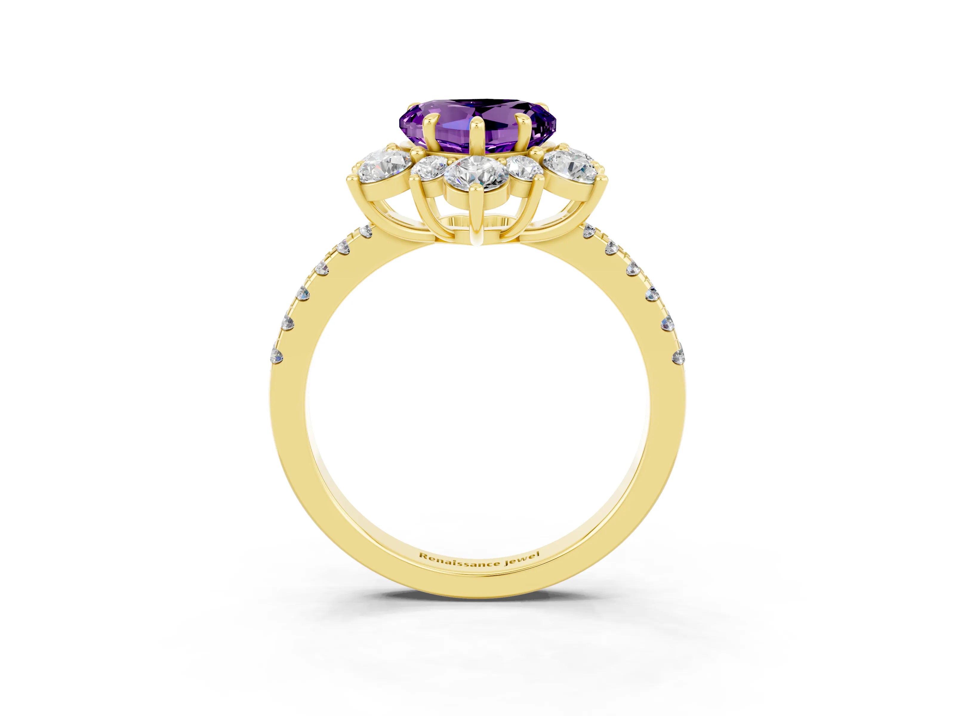 Yellow gold Heart Cut Cut Diamond Floral Halo Pave Band with Prong Setting_3