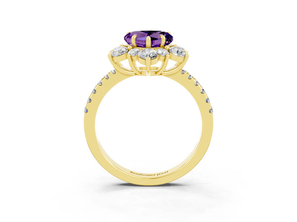 Yellow gold Heart Cut Amethyst Floral Halo Ring with Round Pavé Band and Prong Setting