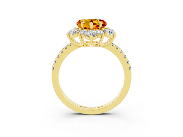 Yellow gold Heart Cut Citrine Floral Halo Ring with Round Pavé Band and Prong Setting