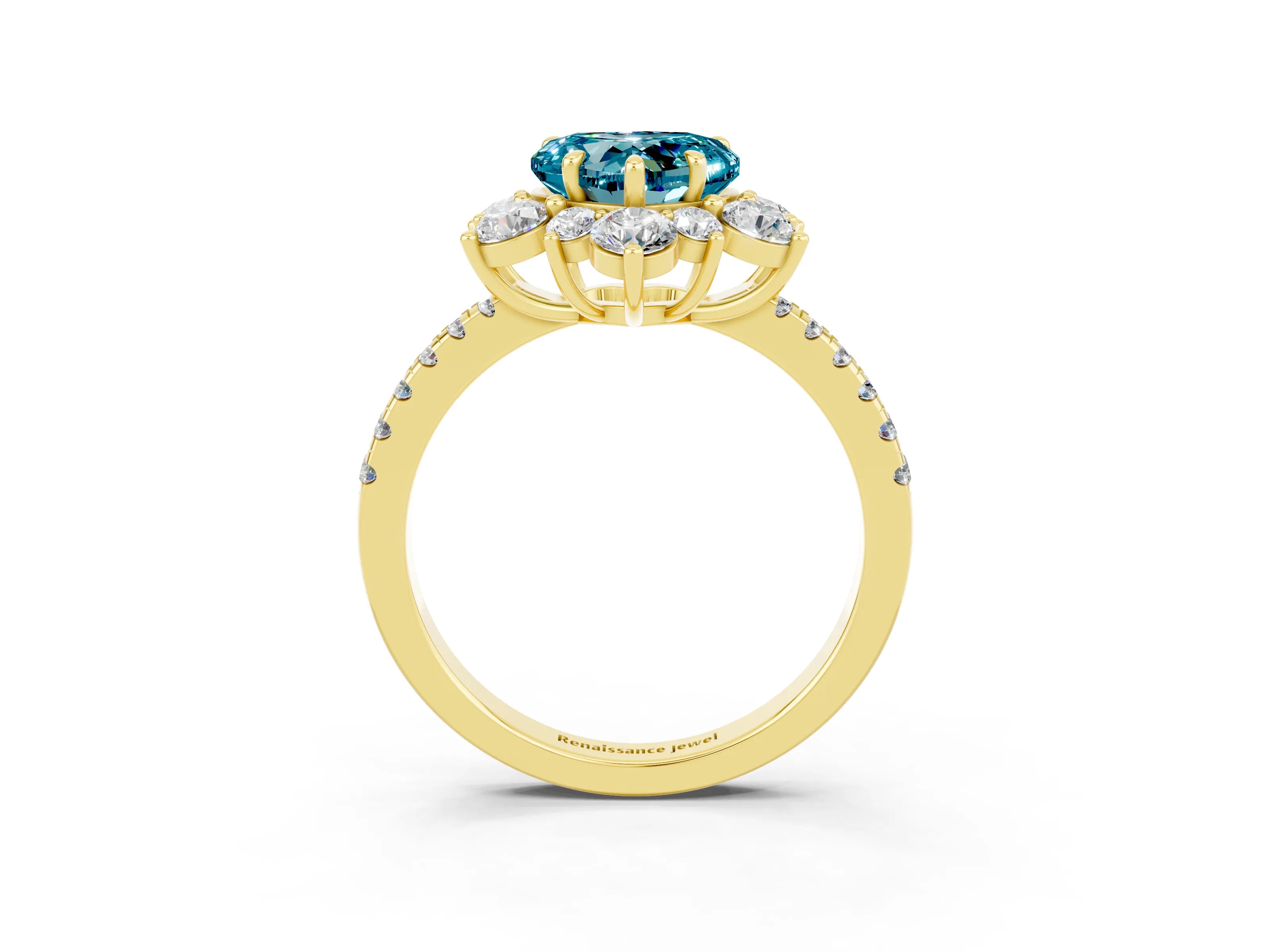 Yellow gold Heart Cut Cut Diamond Floral Halo Pave Band with Prong Setting_3