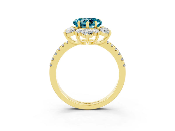Yellow gold Heart Cut Cut Diamond Floral Halo Pave Band with Prong Setting