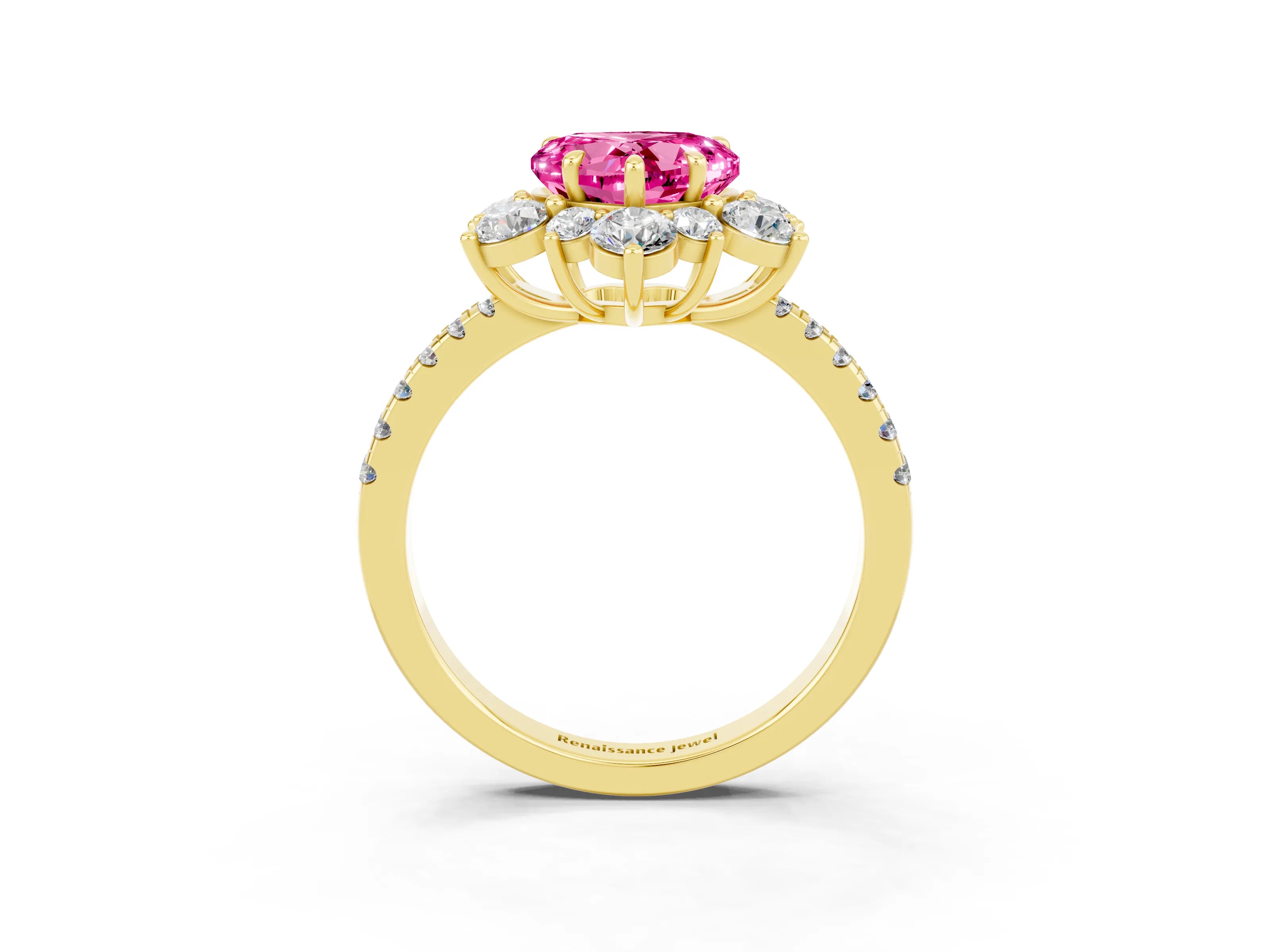 Yellow gold Heart Cut Cut Diamond Floral Halo Pave Band with Prong Setting_3