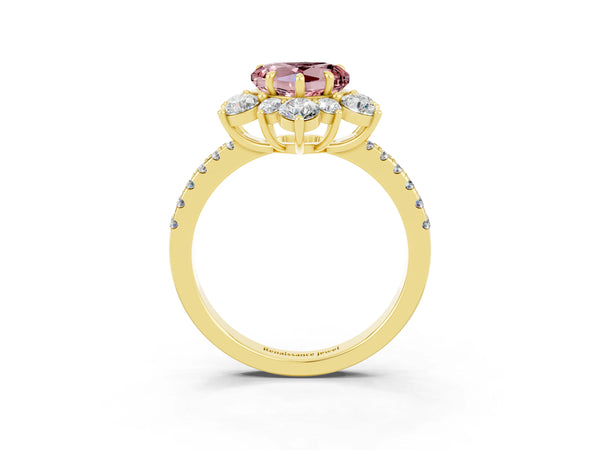 Yellow gold Heart Cut Cut Diamond Floral Halo Pave Band with Prong Setting