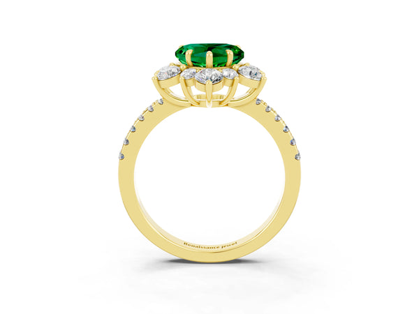 Yellow gold Heart Cut Emerald Floral Halo Ring with Round Pavé Band and Prong Setting