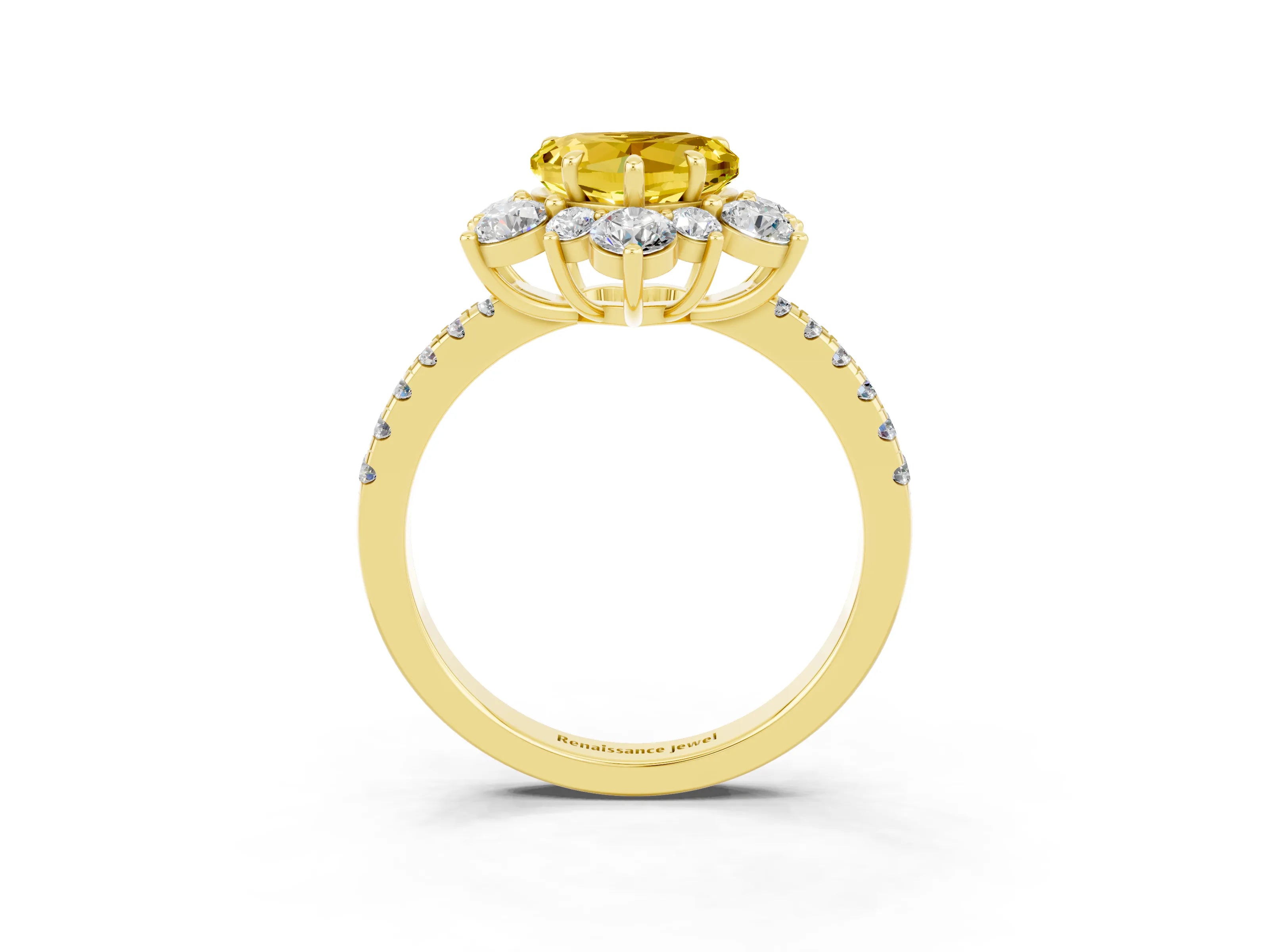 Yellow gold Heart Cut Cut Diamond Floral Halo Pave Band with Prong Setting_3