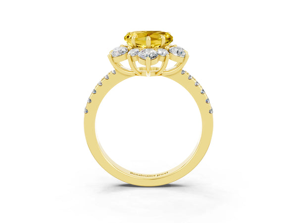Yellow gold Heart Cut Yellow Sapphire Floral Halo Ring with Round Pavé Band and Prong Setting
