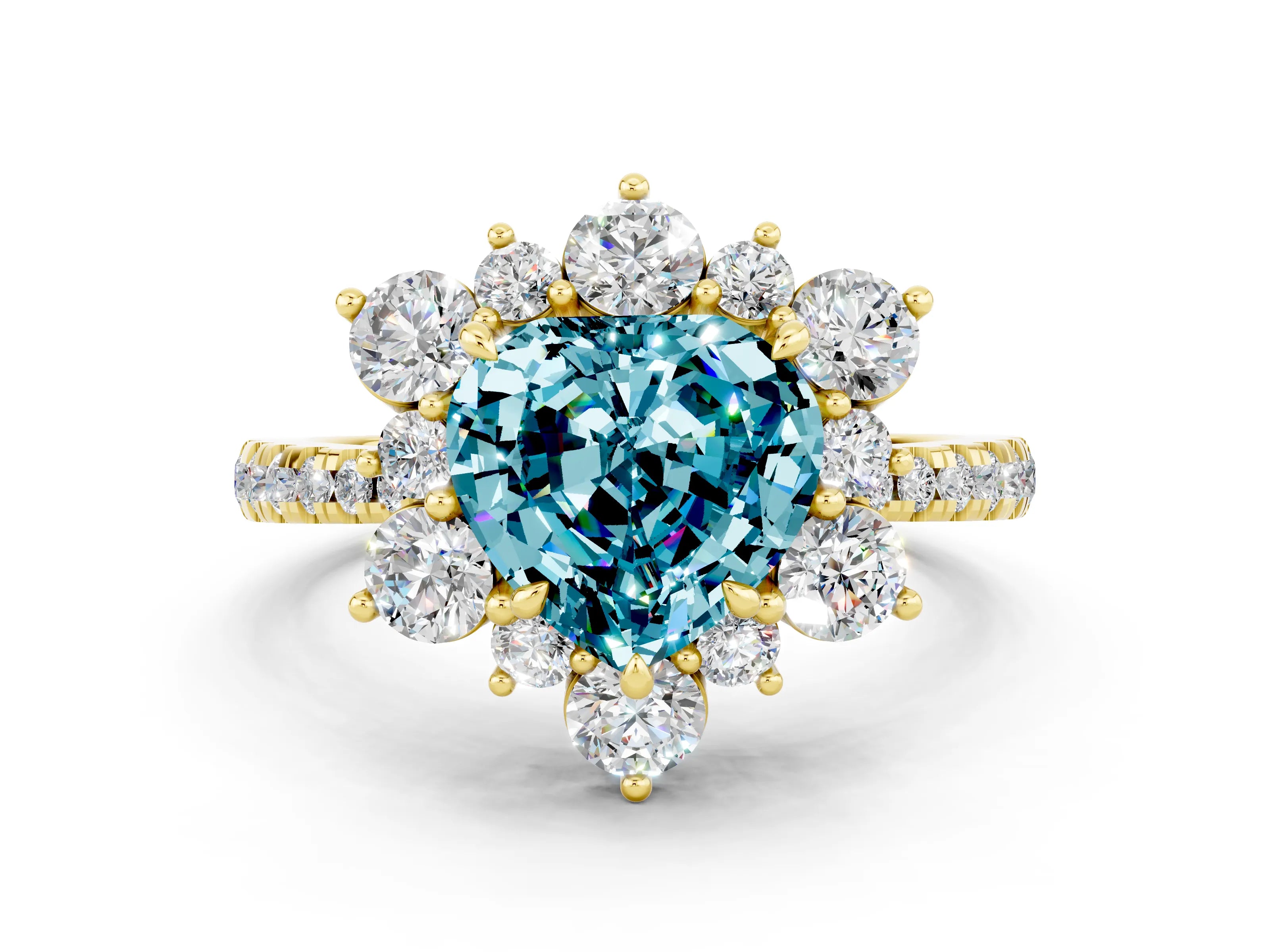 Yellow gold Heart Cut Cut Diamond Floral Halo Pave Band with Prong Setting